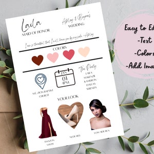 Bridesmaid Information Card, Bridal Party Info Template, Modern Bridesmaid Info Card, Bridesmaid Proposal Box Gift