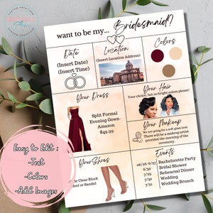 Bridesmaid Information Card Template, Printable Bridesmaid Card, Editable Bridesmaid Card, Bridesmaid Proposal Card