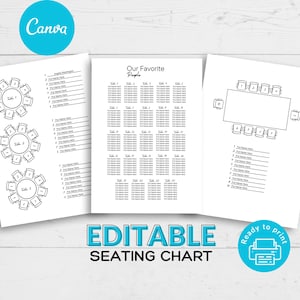 Peut inclure: Un modèle de plan de table imprimable avec trois configurations de table différentes. Le tableau comprend des espaces pour écrire les noms des invités et les numéros de table. Le texte "Nos Personnes Préférées" est en haut du tableau.