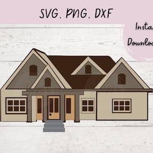 Puede incluir: Una ilustración digital de una casa beige con un techo marrón. La casa tiene tres ventanas y una puerta principal con un pequeño porche.