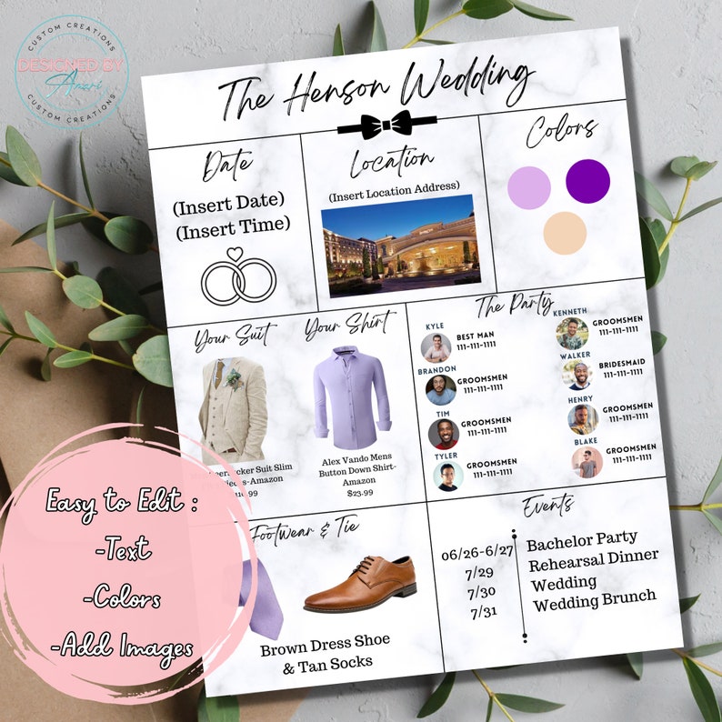 Puede incluir: Una plantilla de invitaci&oacute;n de boda con fondo de m&aacute;rmol. La plantilla incluye secciones para la fecha, la ubicaci&oacute;n, los colores, el atuendo, la fiesta de bodas y los eventos. El texto "The Henson Wedding" est&aacute; en la parte superior de la plantilla.