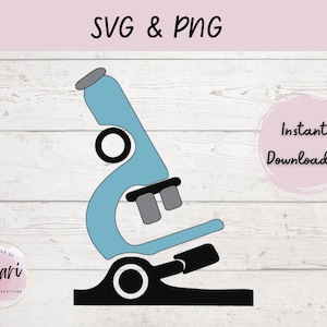 May include: A light blue and black illustration of a microscope. The image includes the text "SVG & PNG" at the top and "Instant Download!" in a pink circle. The design is by Amari Custom Creations.