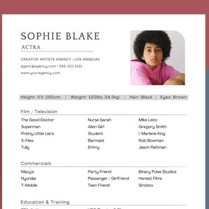 Actor Resume Template CANVA | Acting Resume with Headshot Template | 8x10 Resume Template CANVA | Theatre Resume | Actor CV Template