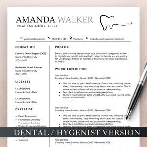 Dental Resume Template for MS Word and Google Docs, Dental Assistant Resume, Dental Hygiene Resume, Dental Receptionist Resume, Dentist CV