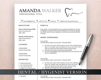 Dental Resume Template for MS Word and Google Docs, Dental Assistant Resume, Dental Hygiene Resume, Dental Receptionist Resume, Dentist CV