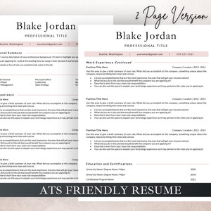 May include: A two-page resume template with a pink and grey colour scheme. The resume is designed to be ATS friendly, which means it is formatted in a way that is easily read by applicant tracking systems. The resume includes sections for professional summary, skills, work experience, education, and certifications. The resume also includes a section for a professional summary, which is a brief overview of the candidate's qualifications and experience.