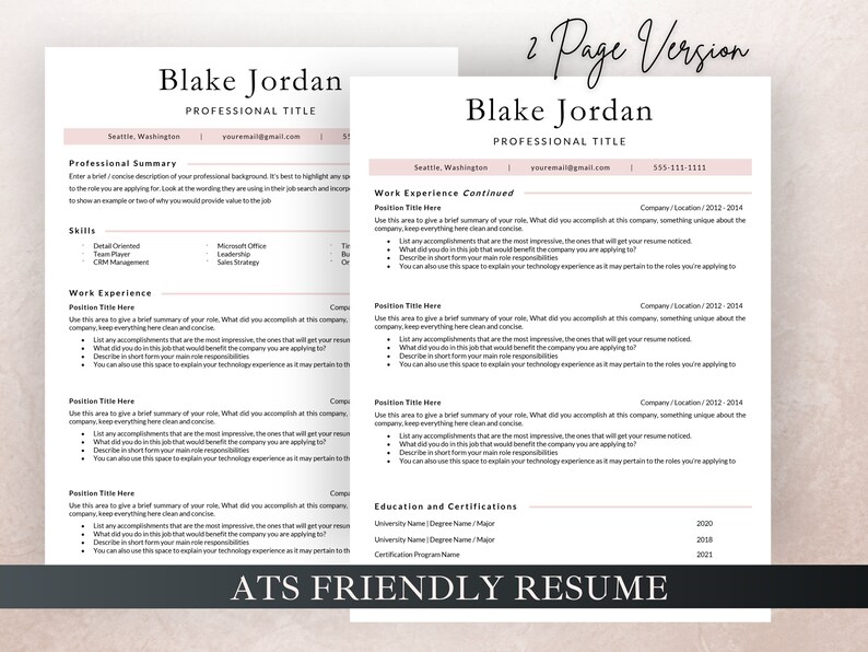 May include: A two-page resume template with a pink and grey colour scheme. The resume is designed to be ATS friendly, which means it is formatted in a way that is easily read by applicant tracking systems. The resume includes sections for professional summary, skills, work experience, education, and certifications. The resume also includes a section for a professional summary, which is a brief overview of the candidate's qualifications and experience.