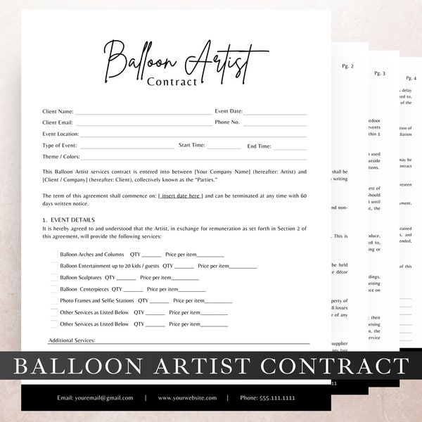 Balloon Artist Contract, Balloon Stylist Agreement, Balloon Décor Agreement, Balloon Stylist Contract, Balloon Artist Agreement, CANVA