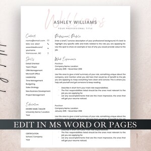May include: A one-page resume template with a pink background and a handwritten name at the top. The template includes sections for contact information, skills, work experience, education, and certifications. The text "EDIT IN MS WORD OR PAGES" is at the bottom of the page.
