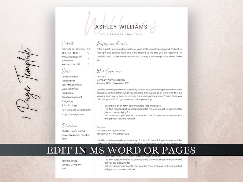 May include: A one-page resume template with a pink background and a handwritten name at the top. The template includes sections for contact information, skills, work experience, education, and certifications. The text "EDIT IN MS WORD OR PAGES" is at the bottom of the page.