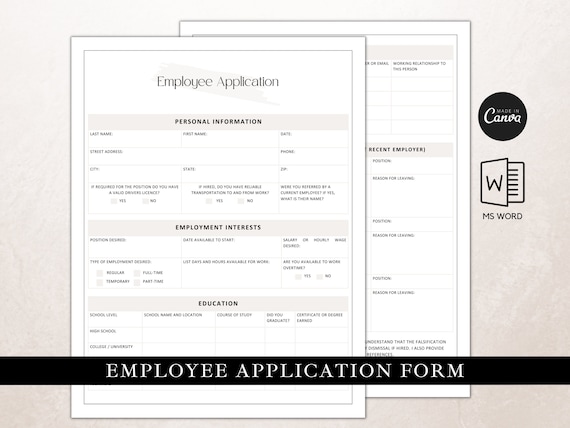 Employment Application Form, Editable in CANVA and MS Word, Forms for HR Professionals, New Hire, Application for Employment