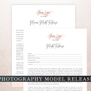 May include: A printable model release form for photography. The form includes fields for the model's name, email, address, and compensation. The form also includes a section for the photographer to sign and date.