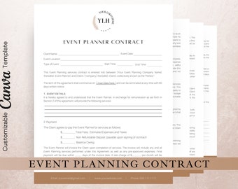 May include: A black and white event planner contract template with the title "EVENT PLANNER CONTRACT" in bold, black text. The template includes sections for client name, event location, type of event, start time, end time, event details, and payment.
