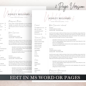May include: A two-page resume template with a pink and grey colour scheme. The template includes sections for contact information, skills, work experience, education, and professional development. The text "EDIT IN MS WORD OR PAGES" is at the bottom of the page.