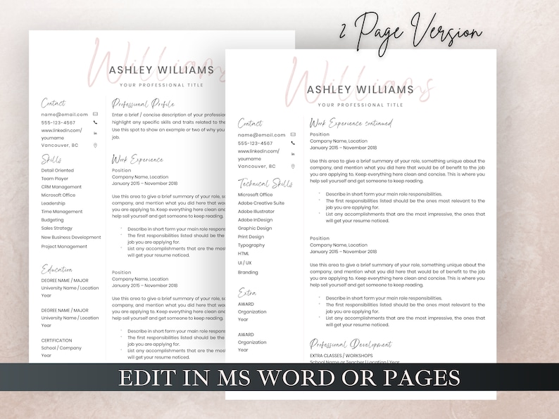 May include: A two-page resume template with a pink and grey colour scheme. The template includes sections for contact information, skills, work experience, education, and professional development. The text "EDIT IN MS WORD OR PAGES" is at the bottom of the page.