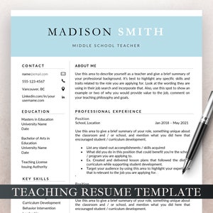 Teacher Resume Template, Teacher CV Template, Elementary Resume, Teaching Resume, High School Resume, Education Resume Template for MS Word
