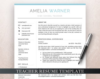 Teacher Resume Template for Word & Pages, Teacher CV Template, Elementary Resume, Teaching Resume, High School Resume, Education Resume
