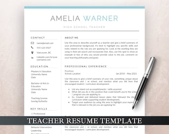 Teacher Resume Template for Word & Pages, Teacher CV Template, Elementary Resume, Teaching Resume, High School Resume, Education Resume