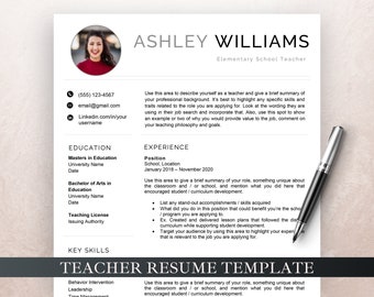 Teacher Resume Template with Photo, Teacher CV Template, Elementary Resume, Teaching Resume, Administration Resume, Education Resume