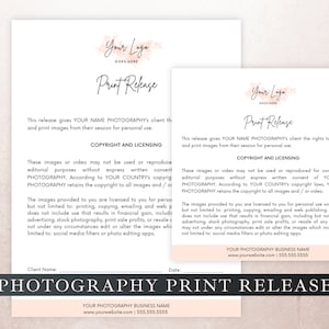 Print Release Form for Photography, Photo Release Form Editable in CANVA, Photography Marketing Template, Photography Release Form