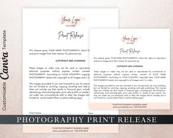 Pode incluir: Um formulário de liberação de impressão fotográfica imprimível com um logotipo de aquarela rosa e o texto "Your Logo Goes Here" e "Print Release". O formulário inclui seções para direitos autorais e licenciamento, o nome do cliente e a data.