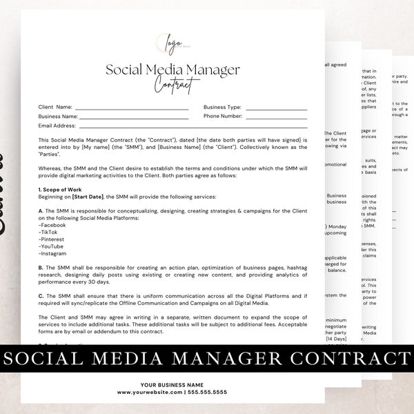 Social Media Marketing Contract | Freelance Social Media Marketing Contract, Edit in Canva, Content Creator, Influencer Contract Template