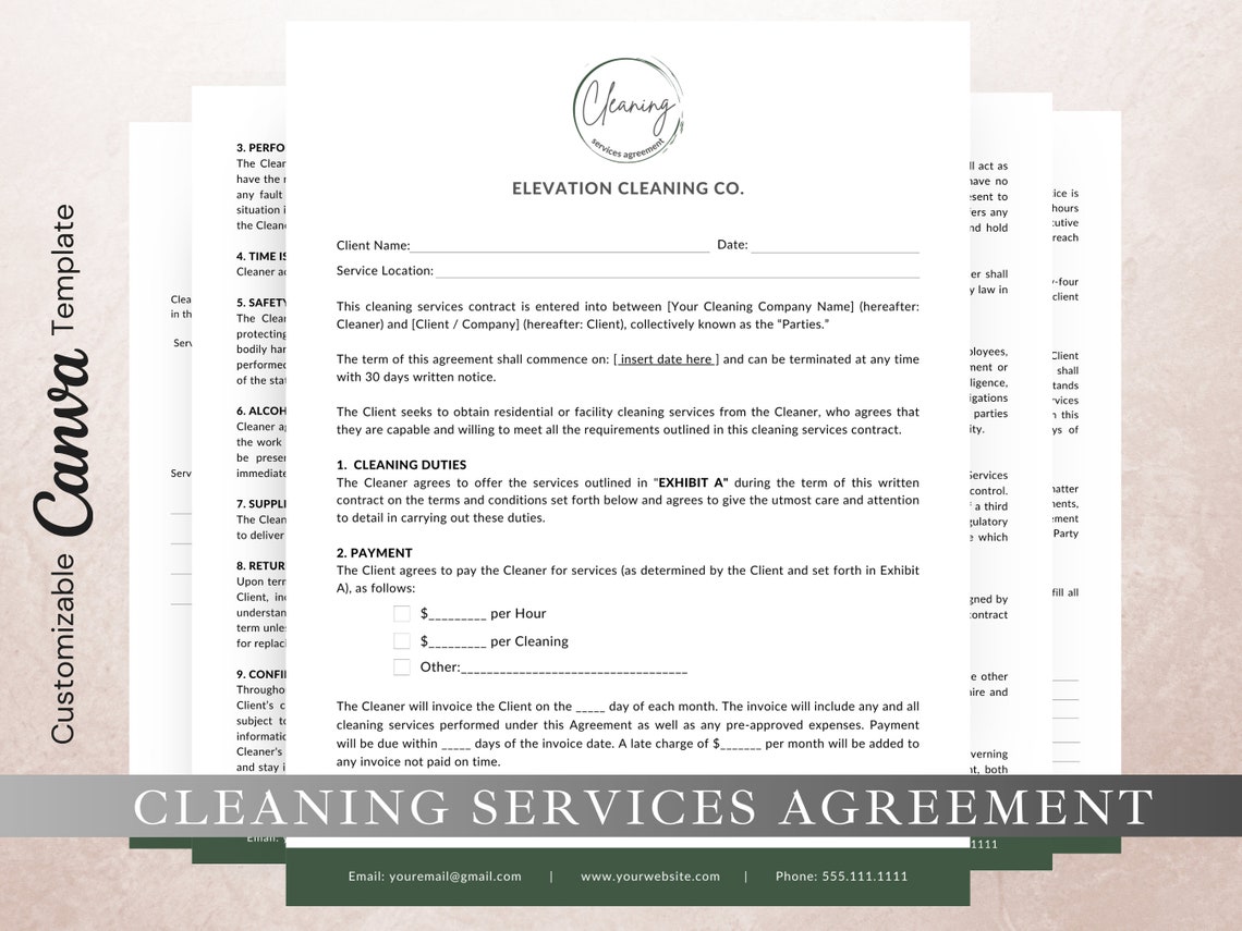 Cleaning Service Contract Template, Editable in Canva, Cleaning