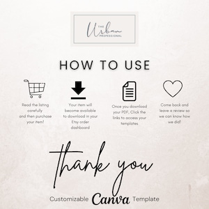 May include: A white background with black text that reads "How to Use" and four icons. The icons are a shopping cart, a downward arrow, a document, and a heart. The text below the icons reads "Thank you" and "Customizable Canva Template".