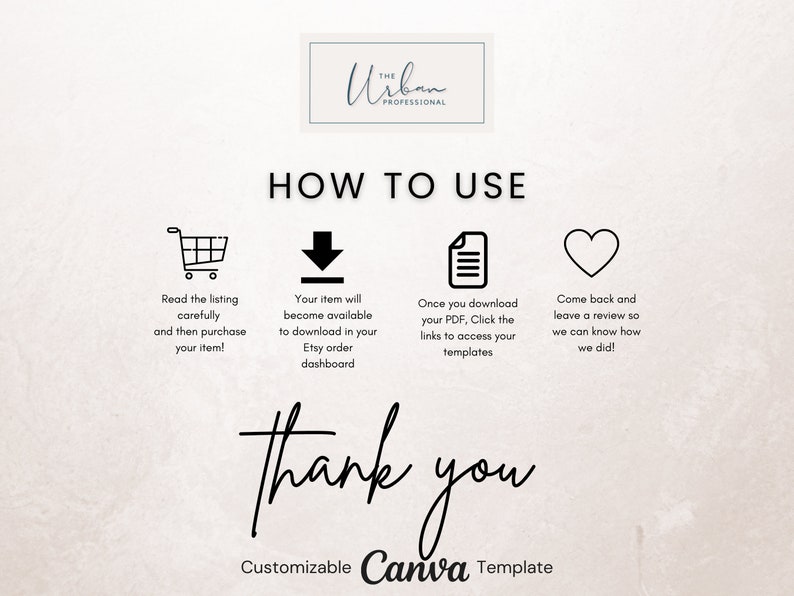 May include: A white background with black text that reads "How to Use" and four icons. The icons are a shopping cart, a downward arrow, a document, and a heart. The text below the icons reads "Thank you" and "Customizable Canva Template".