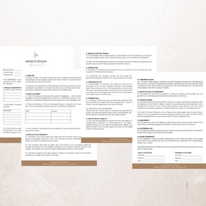 K&ouml;nnte beinhalten: Website-Design-Vertragsvorlage mit Abschnitten f&uuml;r Projektbeschreibung, Zeitplan, Zahlungsplan, geistiges Eigentum, Support, K&uuml;ndigung und Annahme durch den Kunden und den Designer.