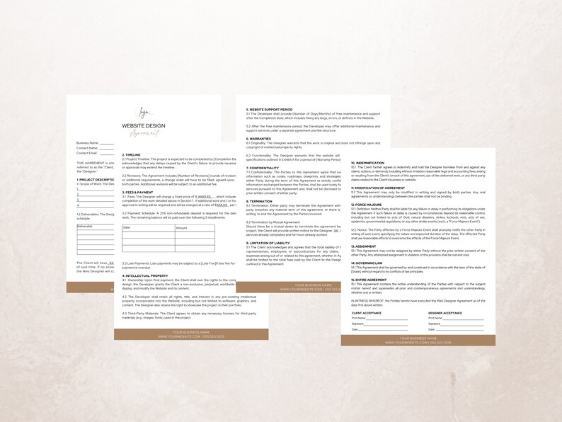 K&ouml;nnte beinhalten: Website-Design-Vertragsvorlage mit Abschnitten f&uuml;r Projektbeschreibung, Zeitplan, Zahlungsplan, geistiges Eigentum, Support, K&uuml;ndigung und Annahme durch den Kunden und den Designer.