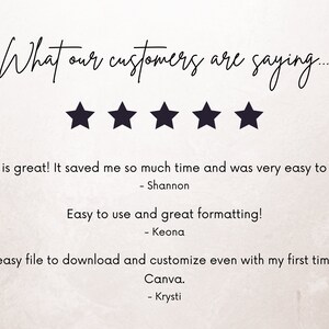 May include: Five star review with text that reads "This is great! It saved me so much time and was very easy to use. - Shannon"  "Easy to use and great formatting! - Keona"  "Super easy file to download and customize even with my first time using Canva. - Krysti"