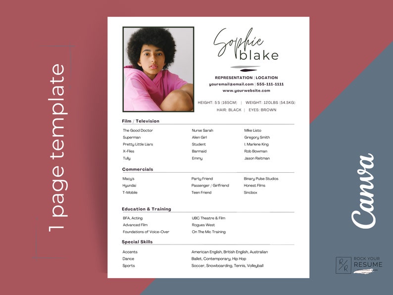 Actor Resume Template CANVA | Acting Resume with Headshot Template | 8x10 Resume Template CANVA | Theatre Resume | Actor CV Template