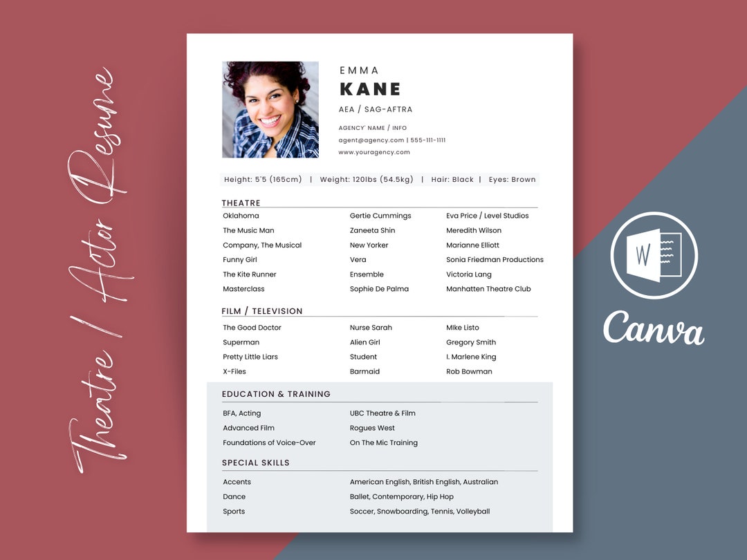 Theatre Resume Template, Acting Resume With Headshot Template, Edit in ...