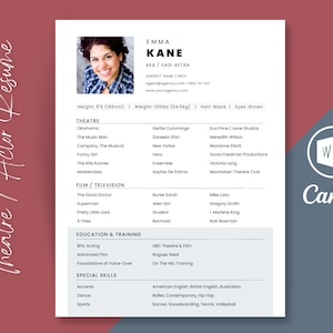 Theatre Resume Template, Acting Resume with Headshot Template, Edit in CANVA or MS Word, 8x10 Resume Template, Actor CV Template