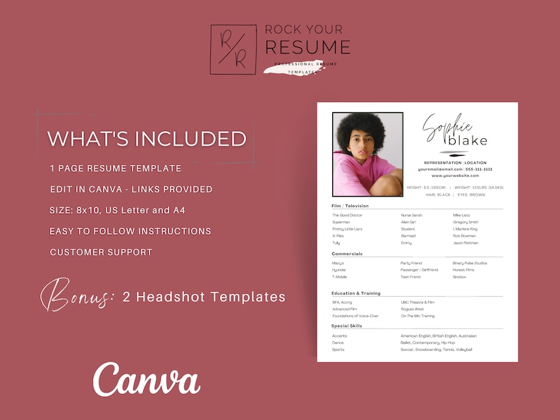 Actor Resume Template CANVA | Acting Resume with Headshot Template | 8x10 Resume Template CANVA | Theatre Resume | Actor CV Template