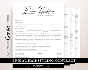 Plantilla de contrato de estilista nupcial, editable en Canva, contrato nupcial para estilistas independientes, contrato de servicios de peluquería para fiestas de bodas