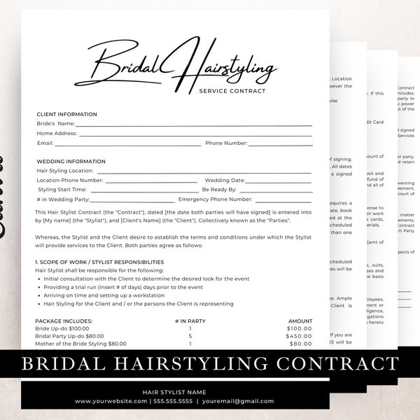 Bridal Hairstylist Contract Template,  Editable in Canva, Bridal Contract for Freelance Hairstylists, Wedding Party Hair Services Contract
