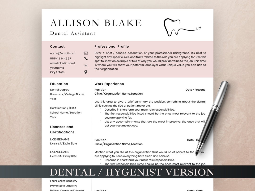 Dental Assistant Resume, Dental Resume Template for MS Word and Pages, Dental Hygiene Resume
