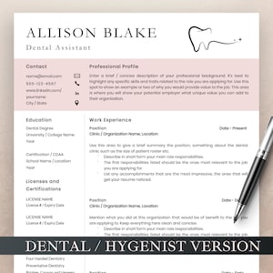 Dental Assistant Resume, Dental Resume Template for MS Word and Pages, Dental Hygiene Resume, Dental Receptionist Resume, Dentist CV