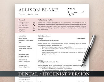 Dental Assistant Resume, Dental Resume Template for MS Word and Pages, Dental Hygiene Resume, Dental Receptionist Resume, Dentist CV