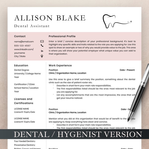 Dental Assistant Resume, Dental Resume Template for MS Word and Pages, Dental Hygiene Resume, Dental Receptionist Resume, Dentist CV