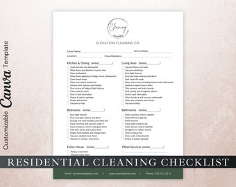 Professional Residential Cleaning Checklist, Editable in CANVA, Janitorial checklist, Editable House Cleaning Template, Maid Checklist