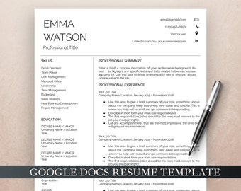 May include: A Google Docs resume template with a black and white design. The template includes sections for skills, professional summary, professional experience, education, and awards. The template is designed to help users create a professional and visually appealing resume.