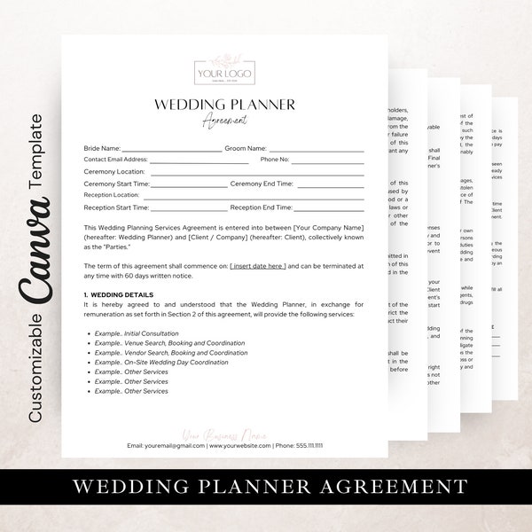 Wedding Planner Agreement, Editable in Canva, Professional Client Service Agreement, Wedding Planner Contract, Event Coordinator Agreement