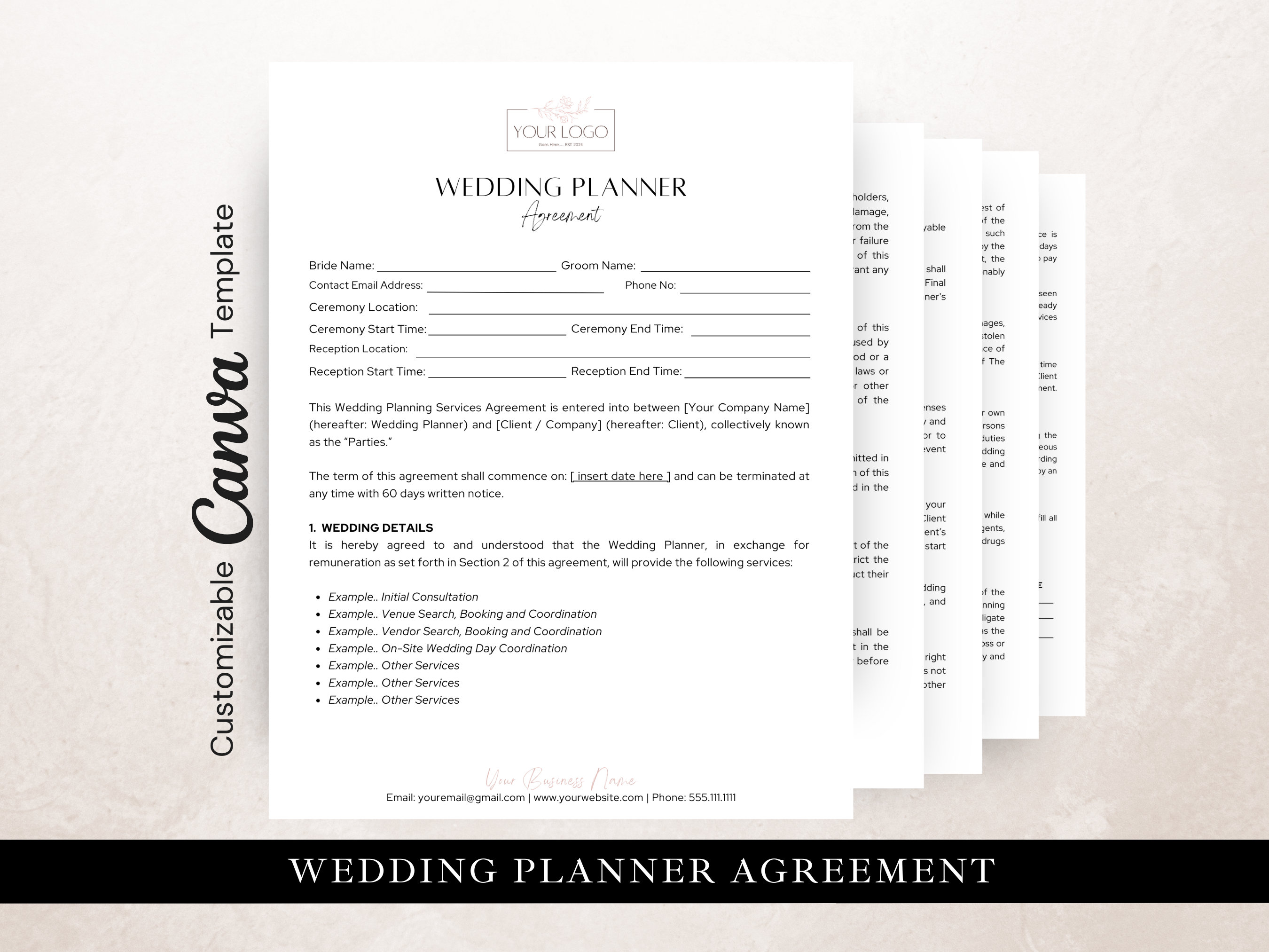 Wedding Planner Agreement, Editable in Canva, Professional Client