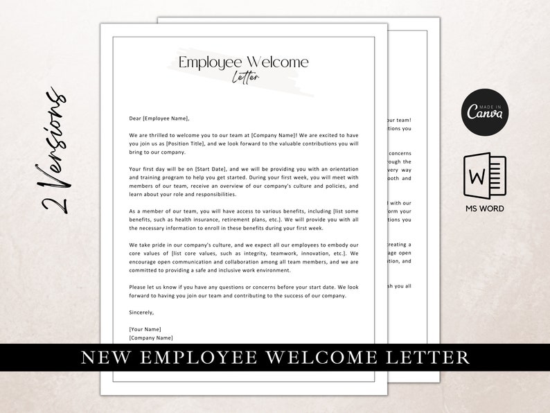 New Employee Letter Editable in Canva or Microsoft Word, New