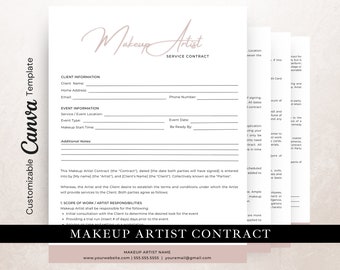 Plantilla de contrato de maquillador, editar en Canva, formulario de acuerdo de maquillaje de boda, contrato de maquillaje de evento, contrato de maquillador nupcial