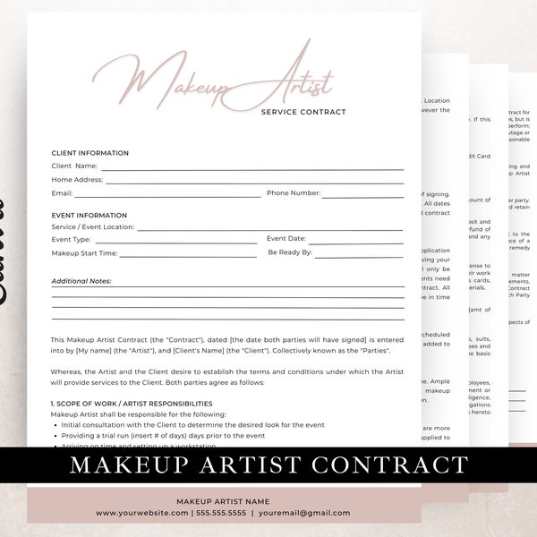 Makeup Artist Contract Template,  Edit in Canva, Wedding Makeup Agreement Form, Event Makeup Contract, Bridal Makeup Artist Contract