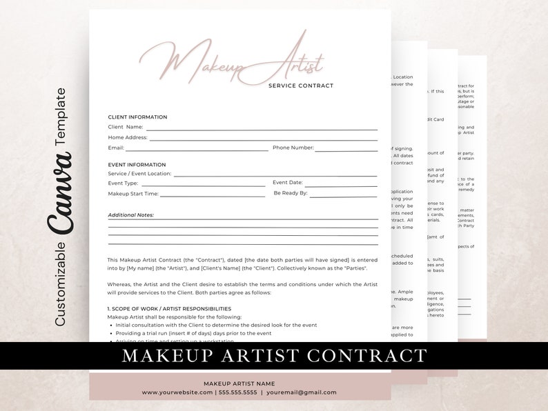 Makeup Artist Contract Template, Edit in Canva, Wedding Makeup Makeup Artist Contract Template, Edit in Canva, Wedding Makeup